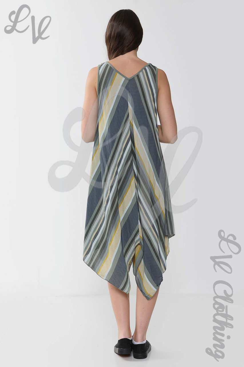 Ladies Mix Stripe Sleeveless Dress Khaki - Unit Price £10.99