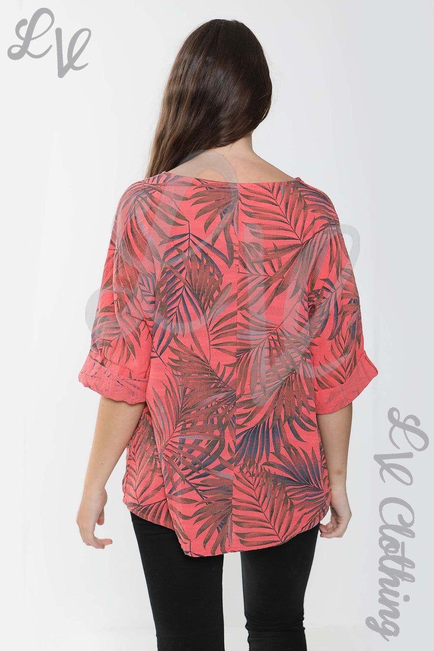 Ladies Palm Leaf Print Top Coral - Unit Price £10.99
