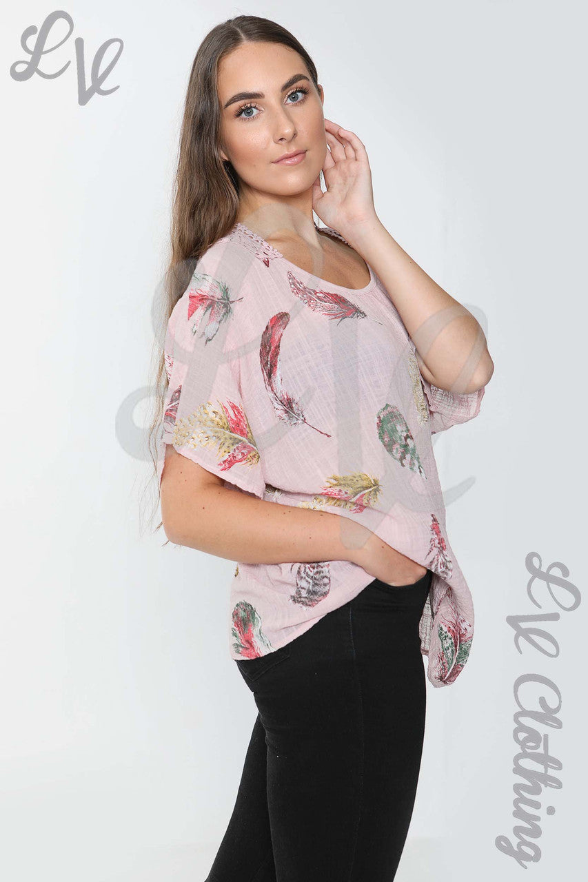 Ladies Feather Print Top With Crochet Lace Back Detail Dusty Pink - Unit Price £9.99