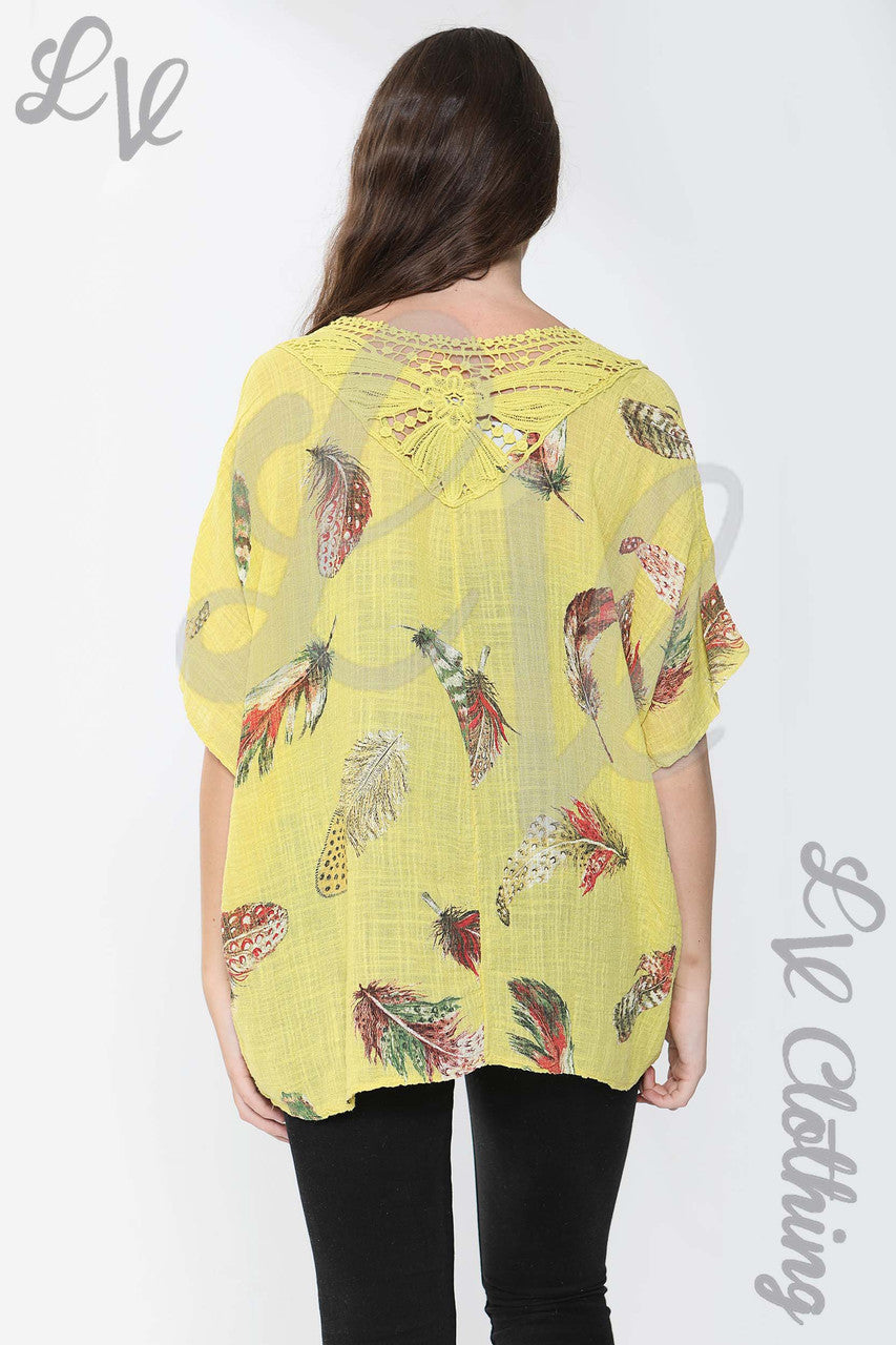 Ladies Feather Print Top With Crochet Lace Back Detail Mustard - Unit Price £9.99