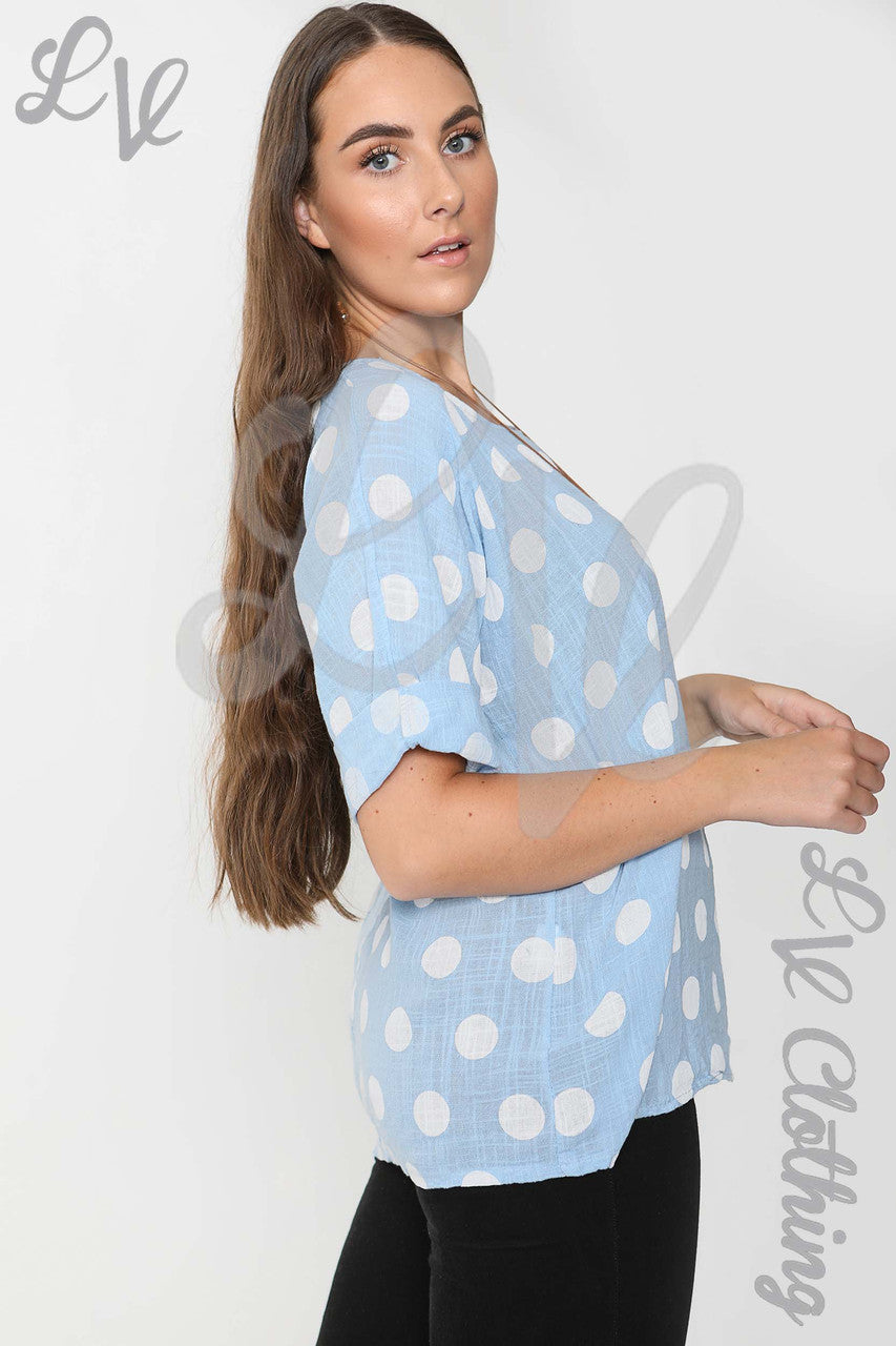 Ladies Spotty Print Top Light Blue - Unit Price £9.99
