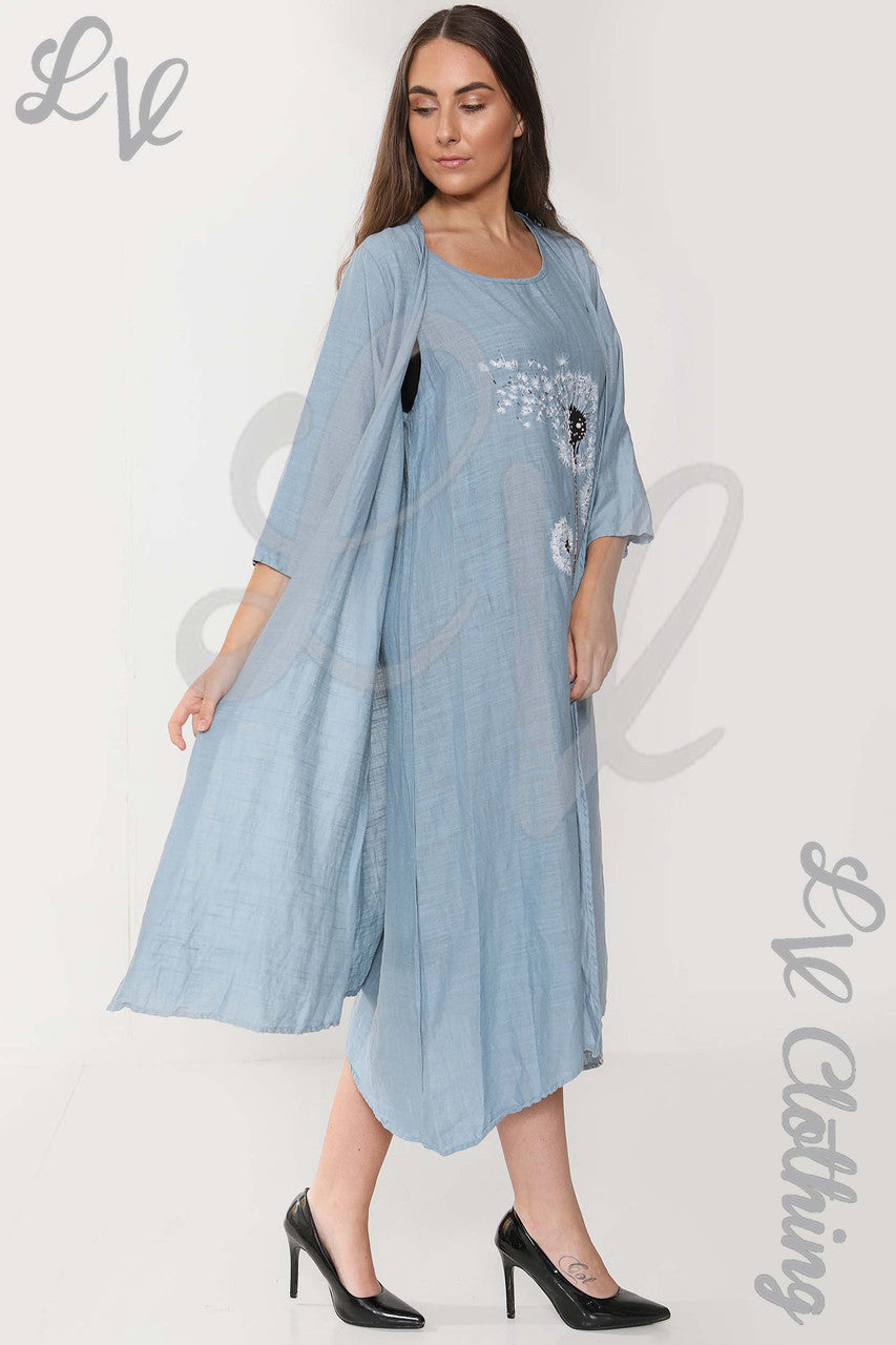 Ladies Floral Graphic Sleeveless Dress & Cardigan 2 Piece Set Denim - Unit Price £17.99