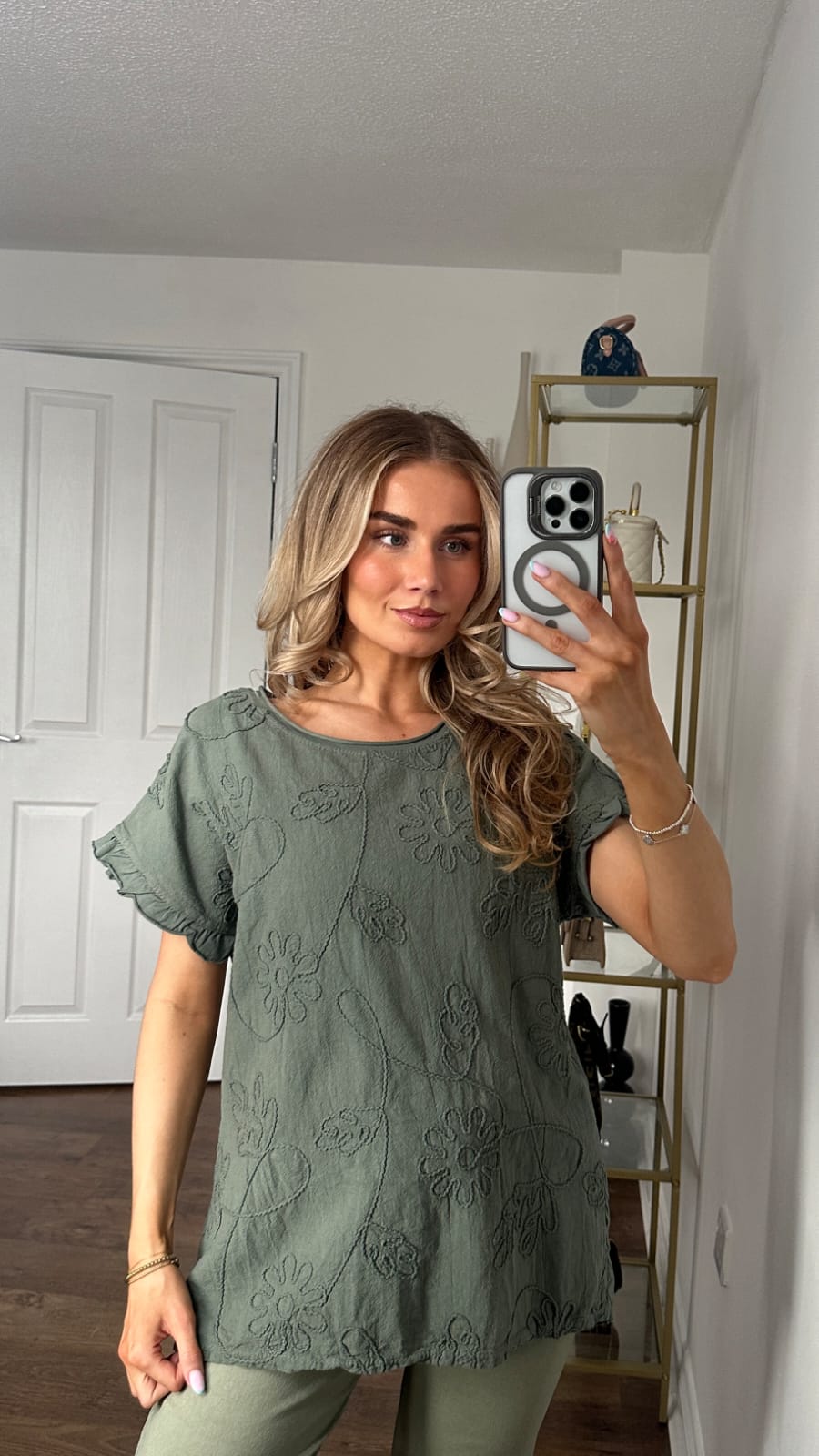 Tonal Floral Embroidered Textured Top — Khaki