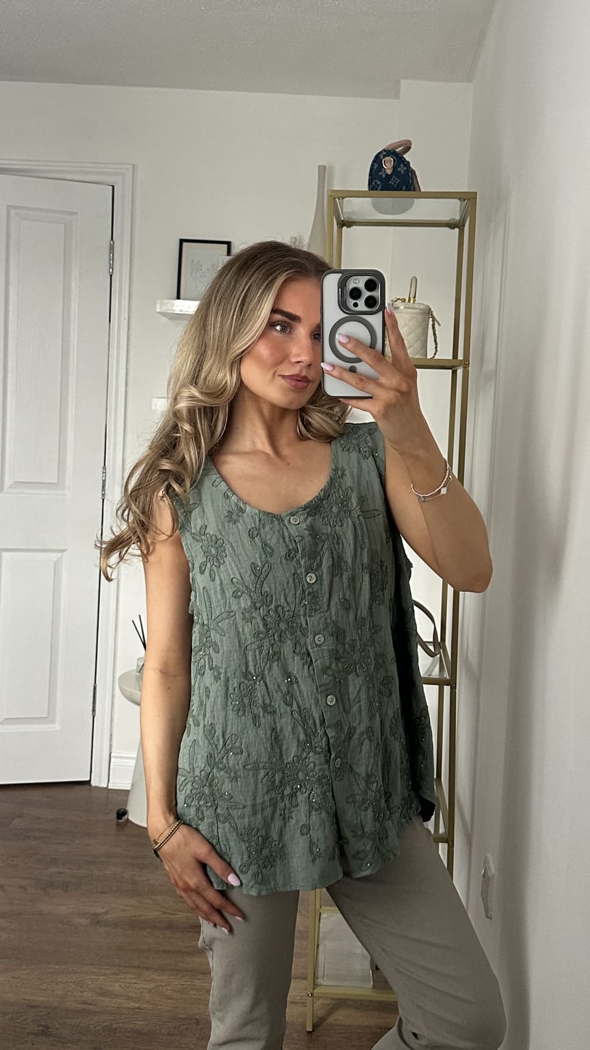 Floral Embroidered Button-Front Sleeveless Top - Khaki