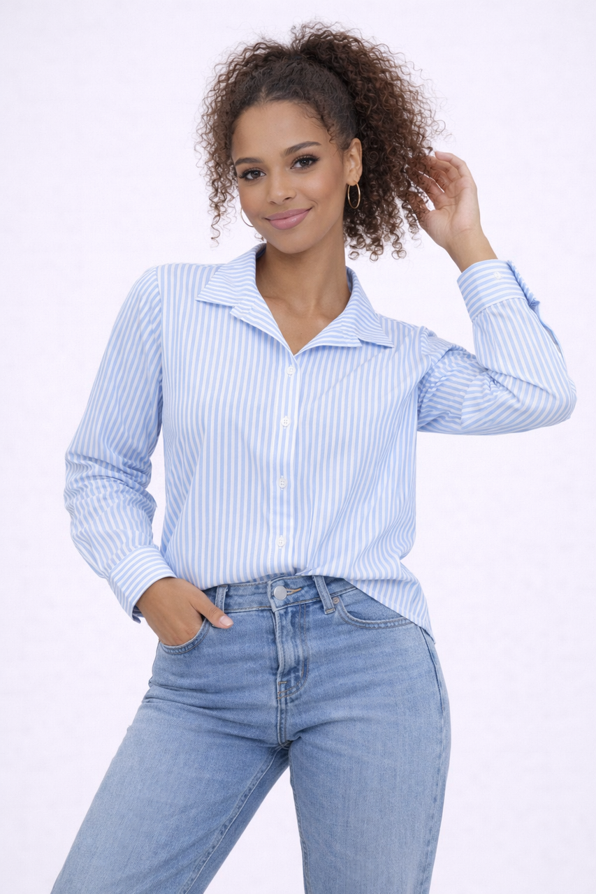 Pinstripe Button Long Sleeve Collared Shirt - Sky Blue