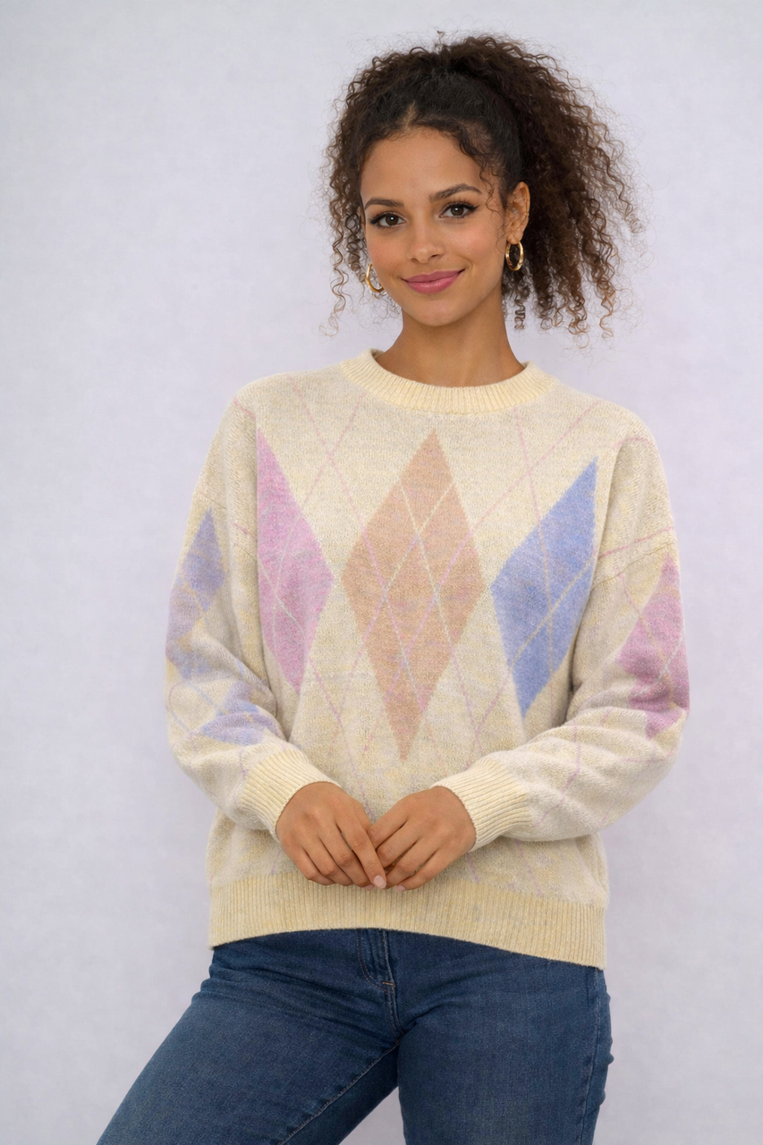 Pastel Argyle Knit Sweater - Lemon