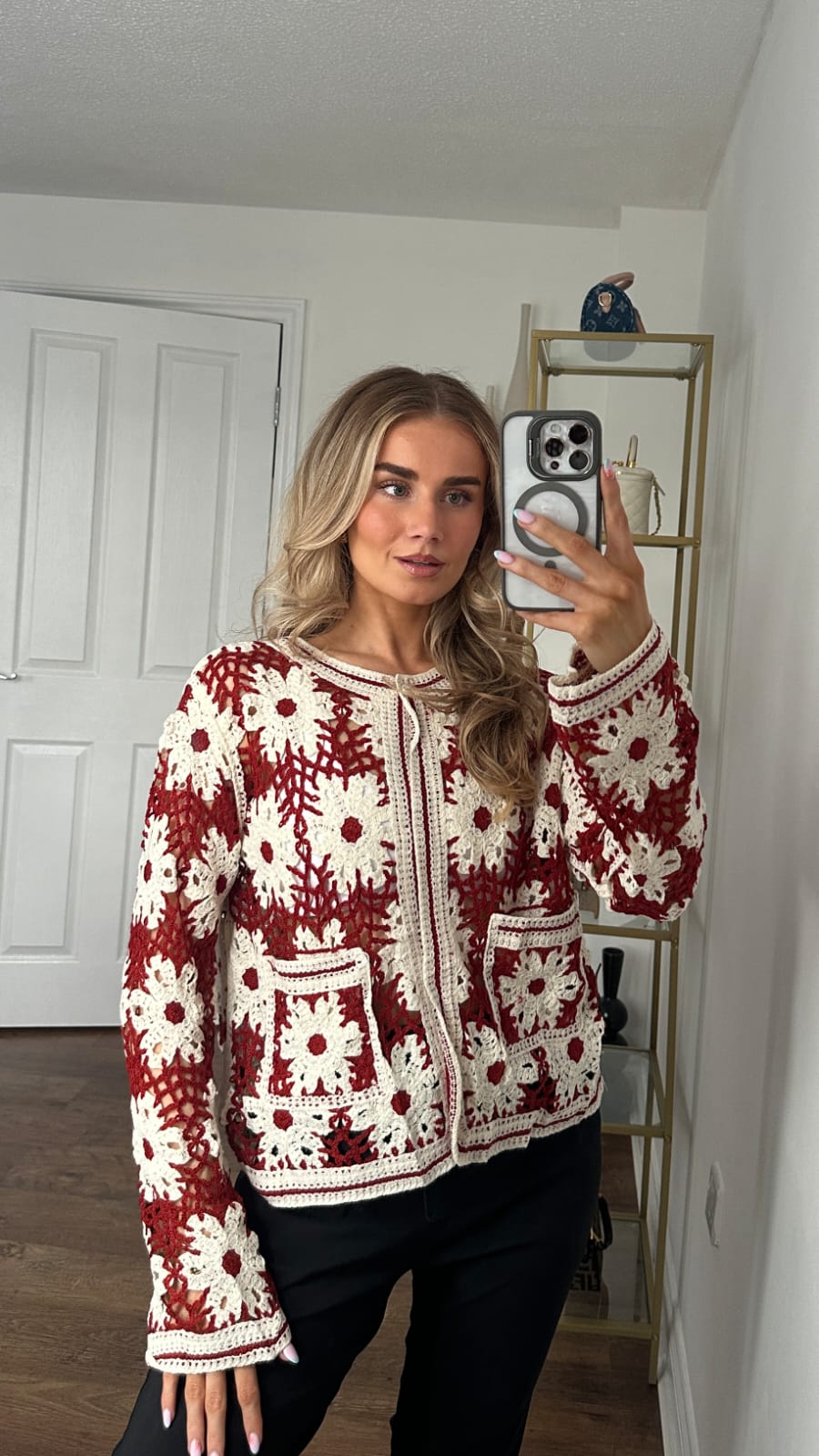 Floral Granny Square Crochet Cardigan with Front Pockets - Burgundy