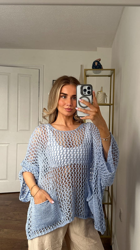 Oversized Mesh Knit Poncho Top with Front Pocket & Batwing Sleeves - Light Blue