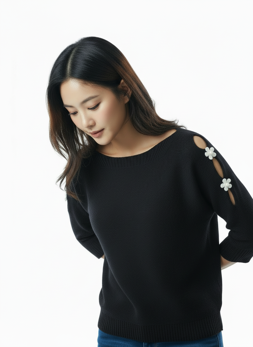 Elegant Cutout Shoulder Knit Sweater - Black