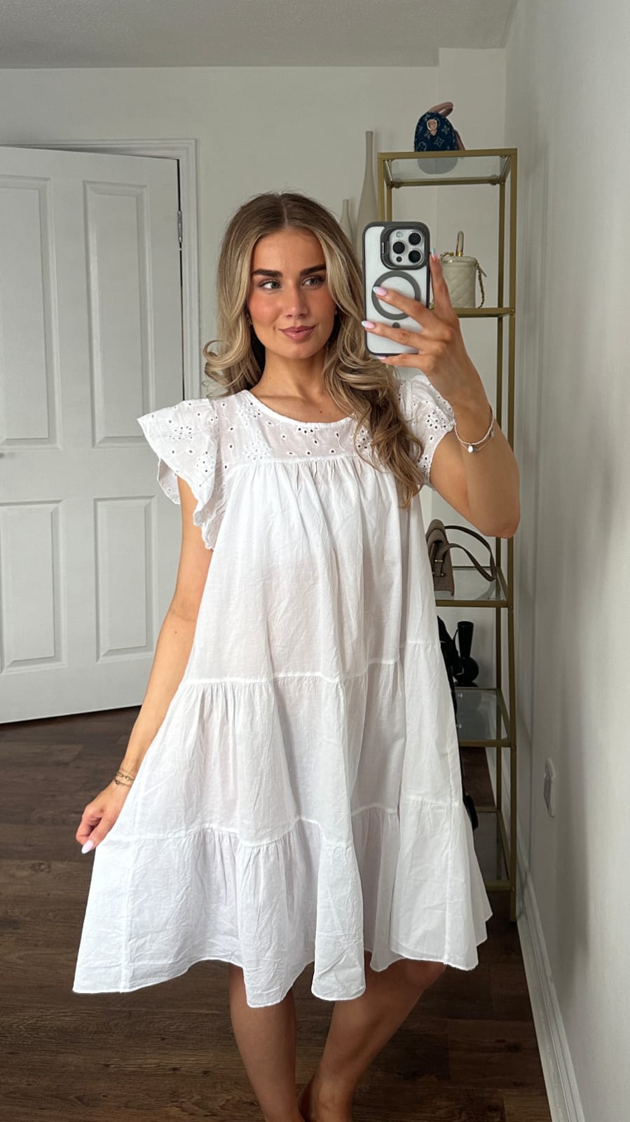 Eyelet Flutter-Sleeve Tiered Mini Dress - White