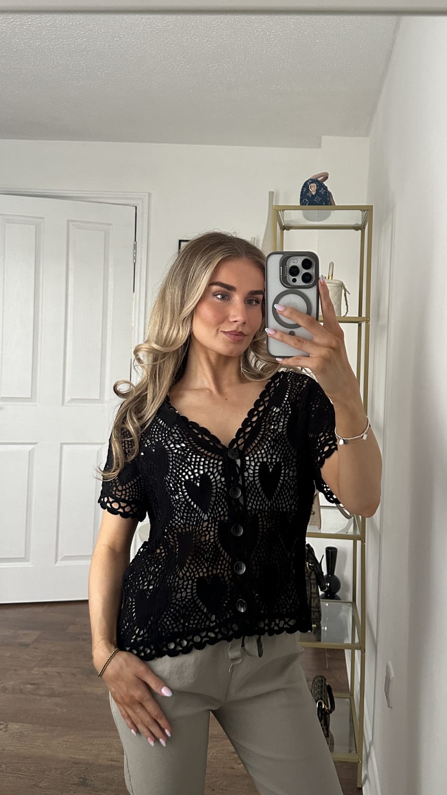 Heart Crochet Button-Front Top - Black