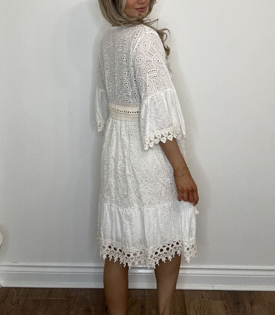 Broderie Anglaise Boho Mini Dress with Gold & Tassel Trim - White