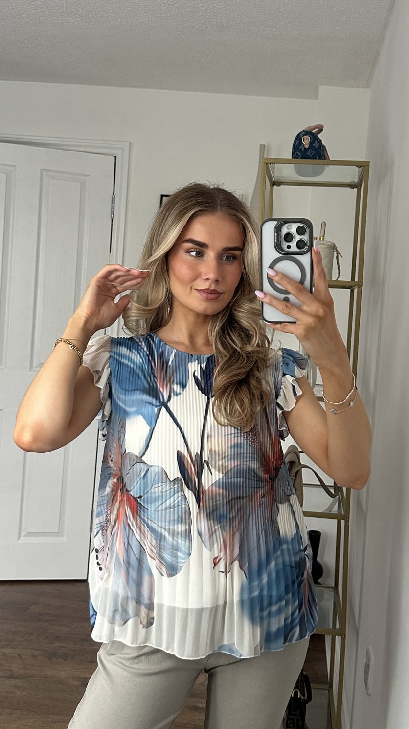 Ethereal Floral Pleated Flutter Sleeve Blouse - Sky Blue