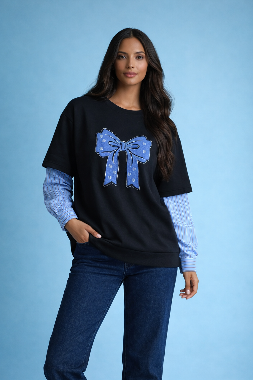 Ladies Bow Print Layered-Look Sweatshirt Top – Black