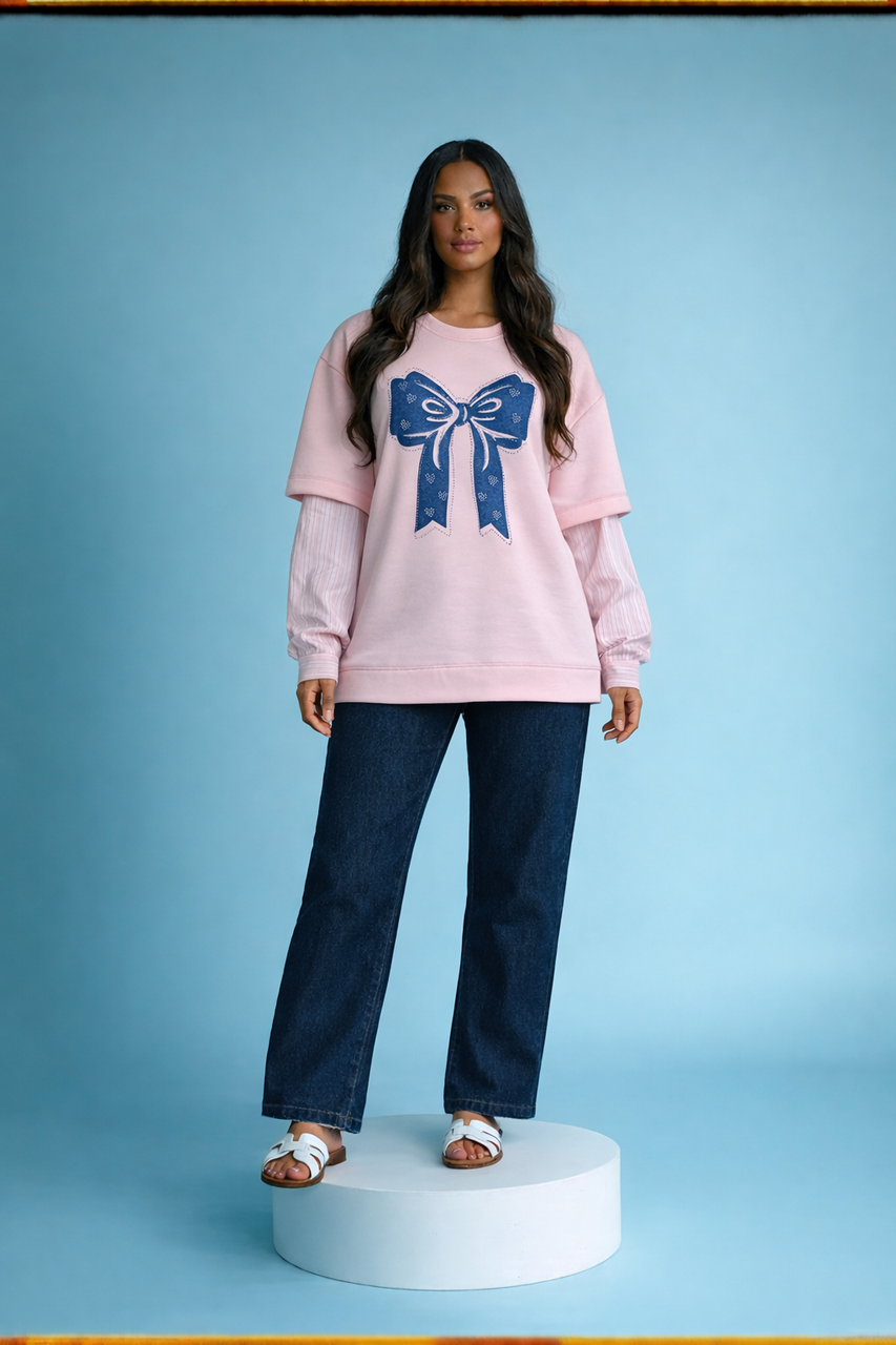 Ladies Bow Print Layered-Look Sweatshirt Top – Soft Pink
