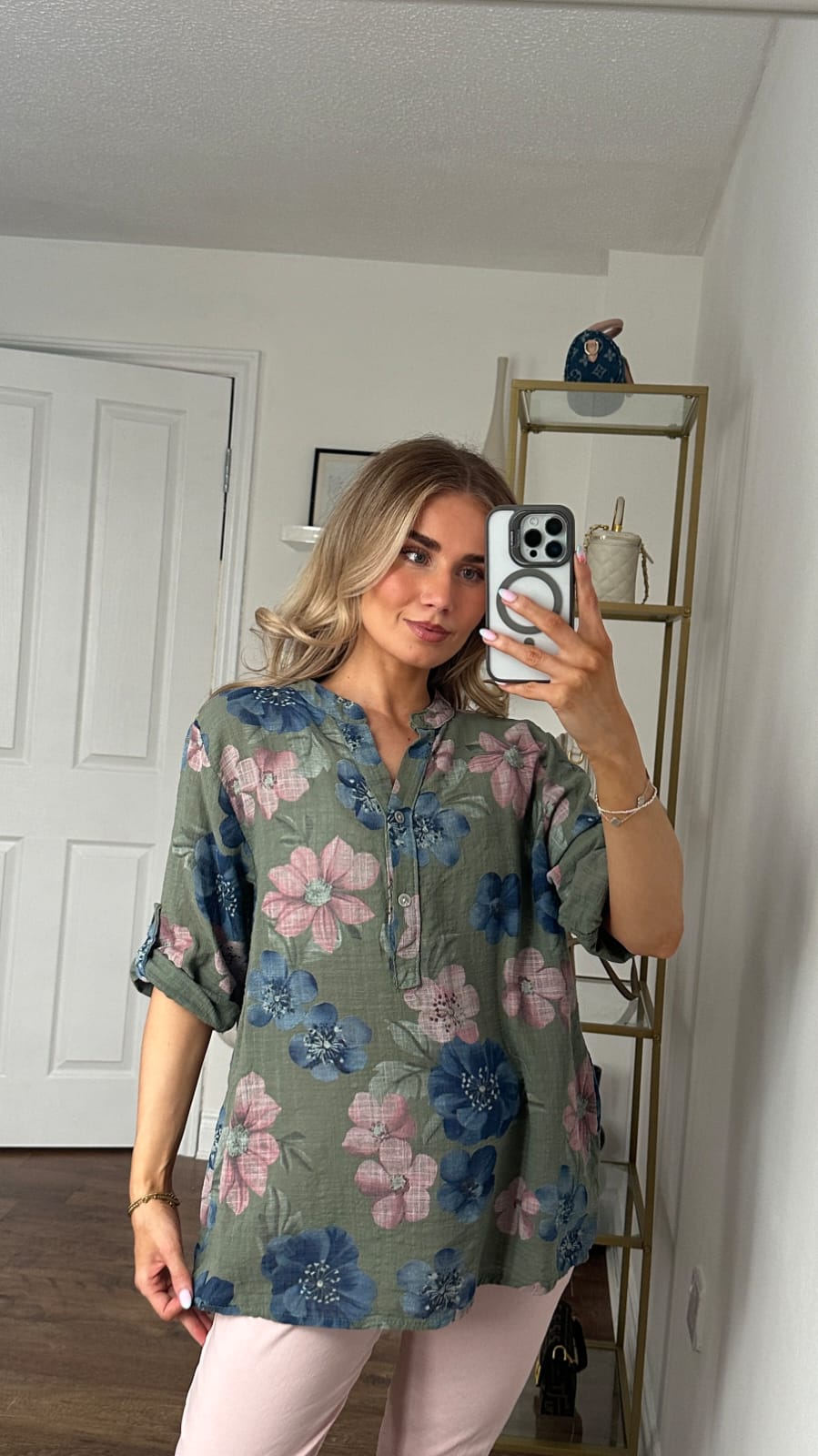 Botanical Print Roll-Tab Tunic Shirt - Khaki