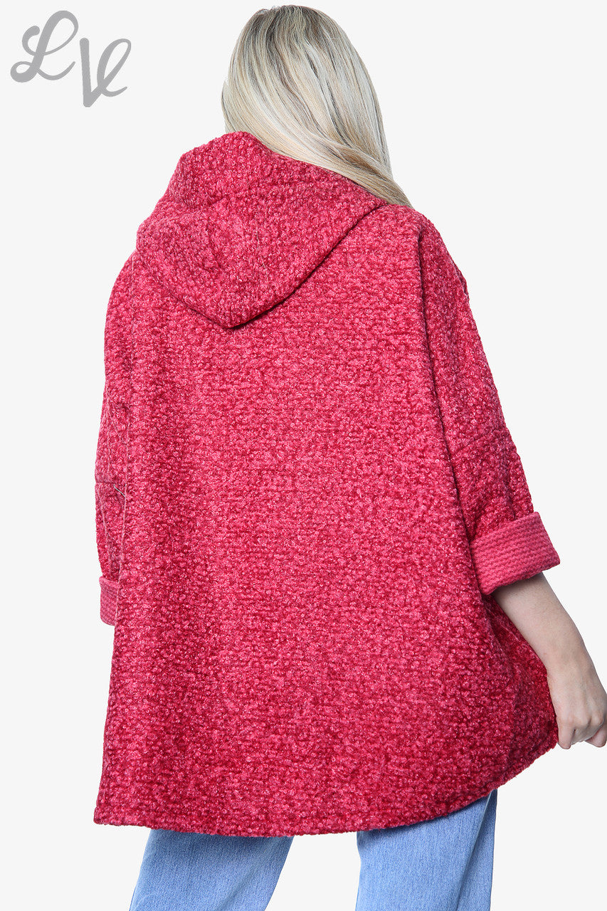Dames teddybeer wollen blend jas met capuchon rood - Prijs per stuk € 16,99