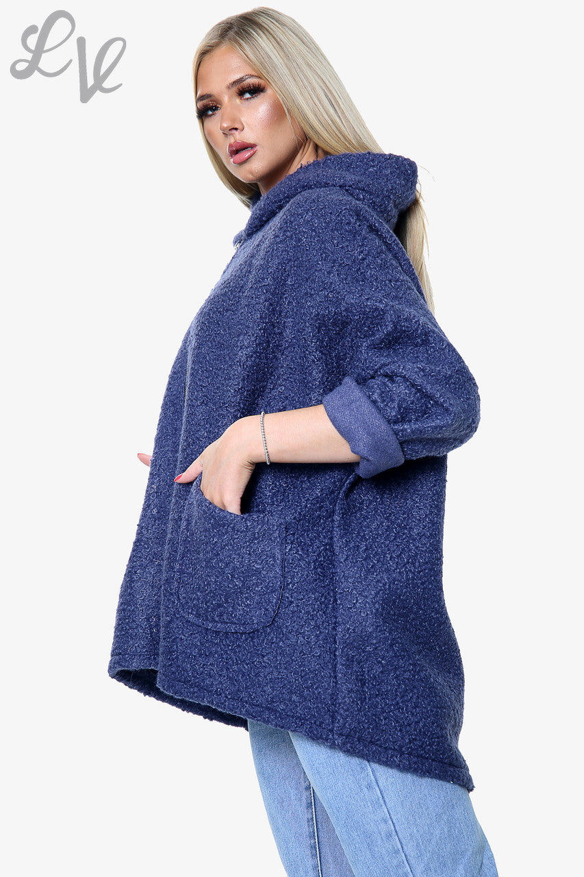 Dames Teddybeer Wollen Mix Hooded Jas Koningsblauw - Eenheidsprijs €16,99