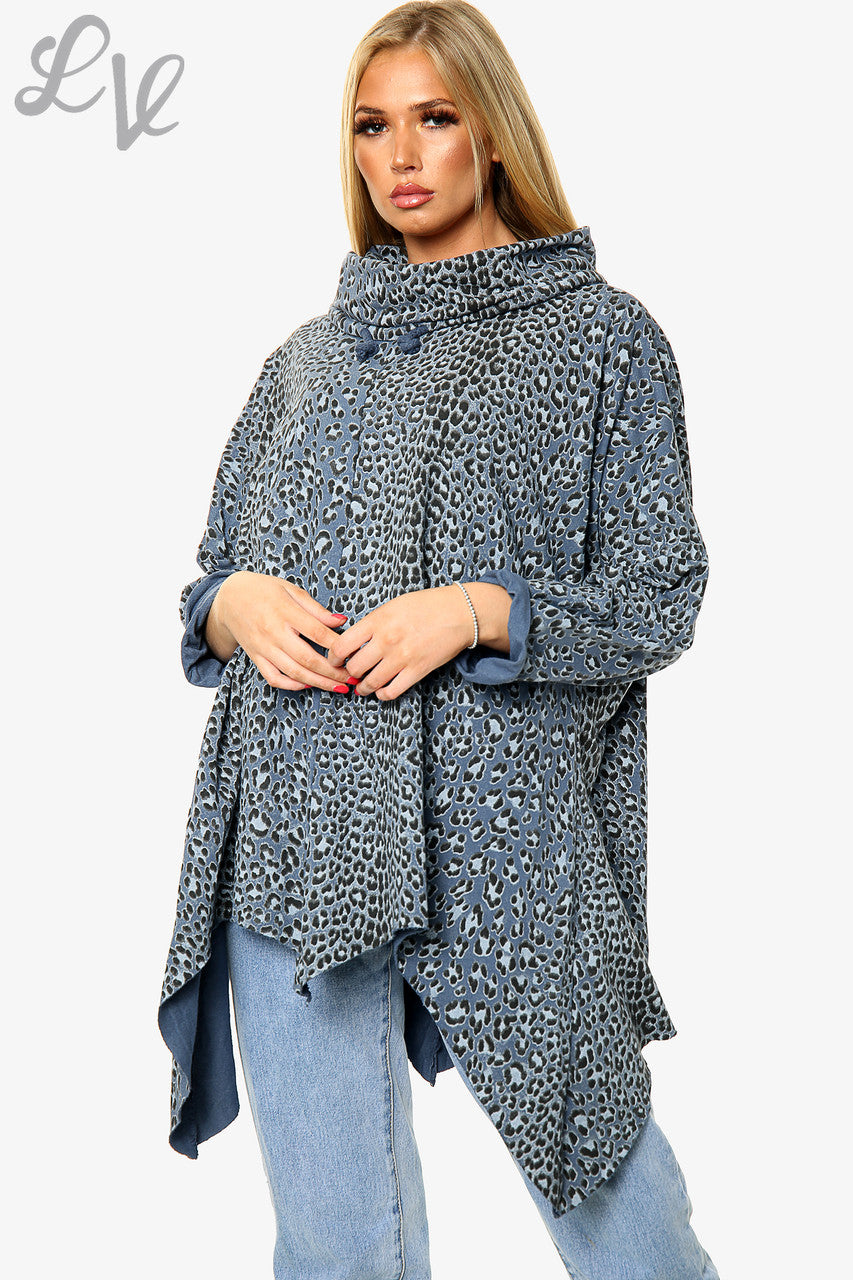 Dames Tuniek Top Met Dierenprint, Watervalhals en Gedrapeerd Denim. Prijs WAS €16,99 NU €8,99