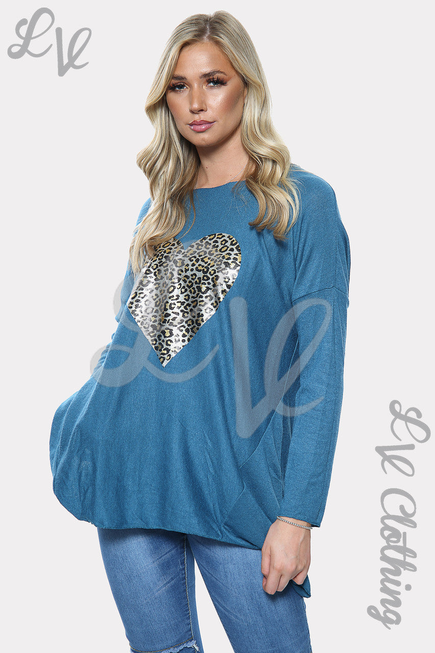 Dames Leopard Heart Print Sweatshirt Top Groenblauwe Eenheidsprijs £9.99