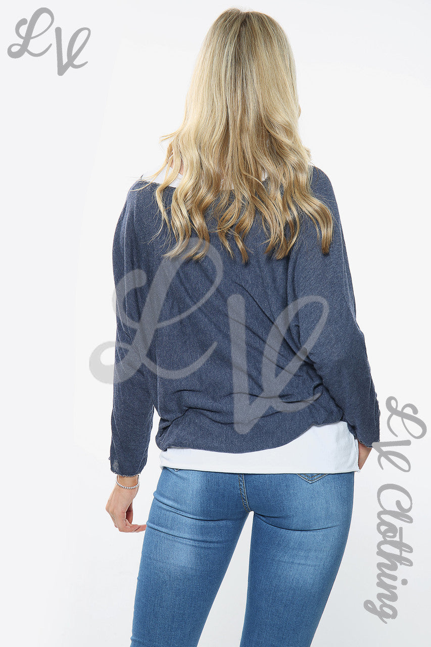Dames Twee Laags Mooie Slogan Top Marineblauw Stukprijs € 10,99