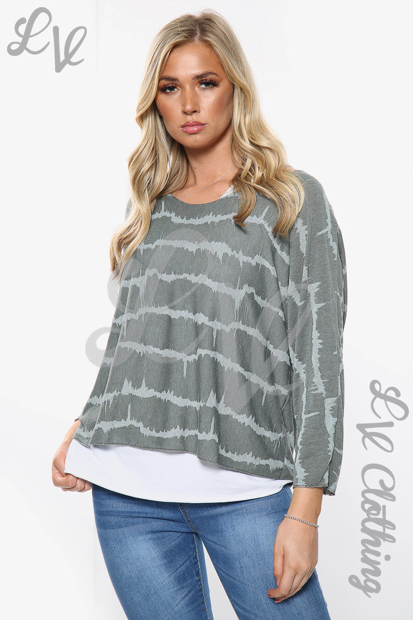 Dames Tie Dye Print Top met Dubbele Laag Kaki Stukprijs €10,99