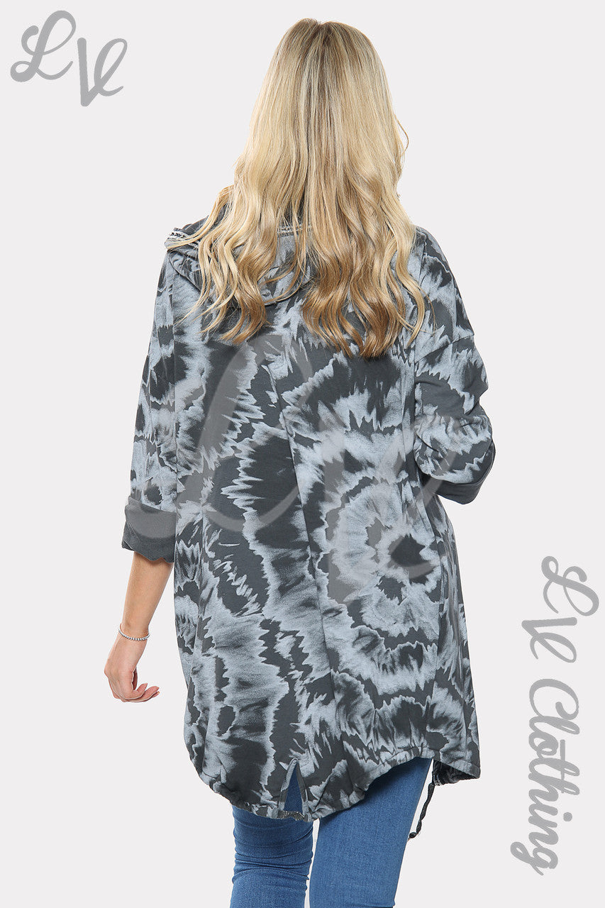 Ladies Tie Dye Print Oversize Hooded Cardigan Charcoal Unit Price £15.99