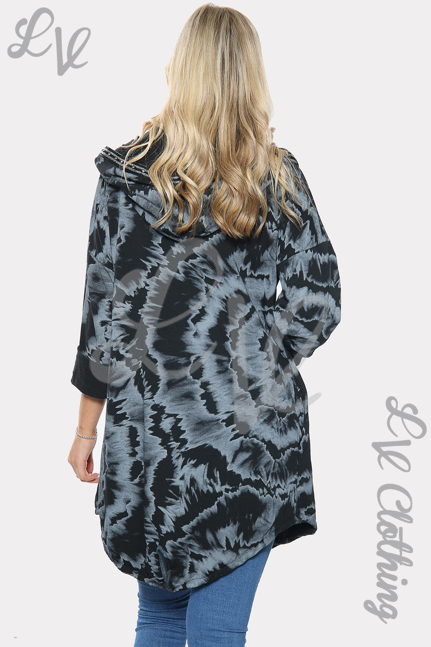 Ladies Tie Dye Print Oversize Hooded Cardigan Black Unit Price £19.99