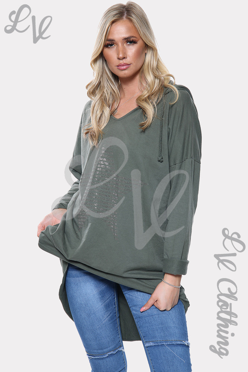 Dames Zilveren Pailletten Ster Capuchontrui Khaki Stukprijs €14,99