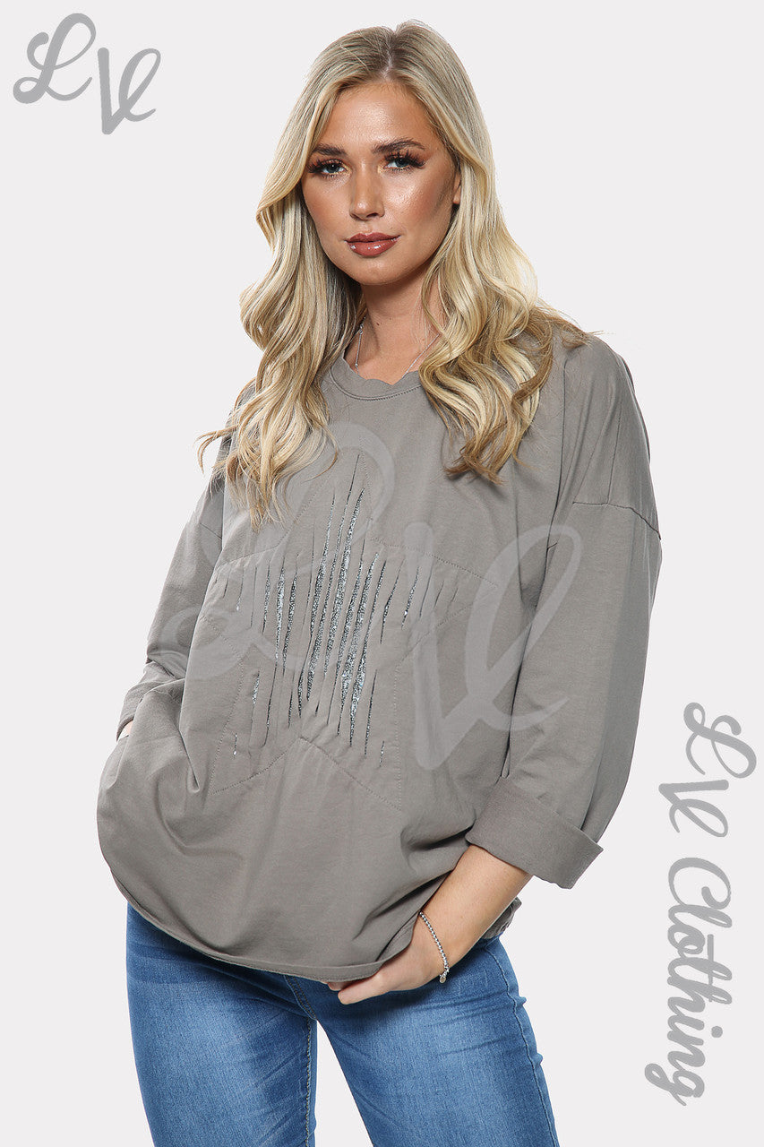 Dames zilveren sweatshirt met sterrenprint van pailletten, taupe, eenheidsprijs € 11,99