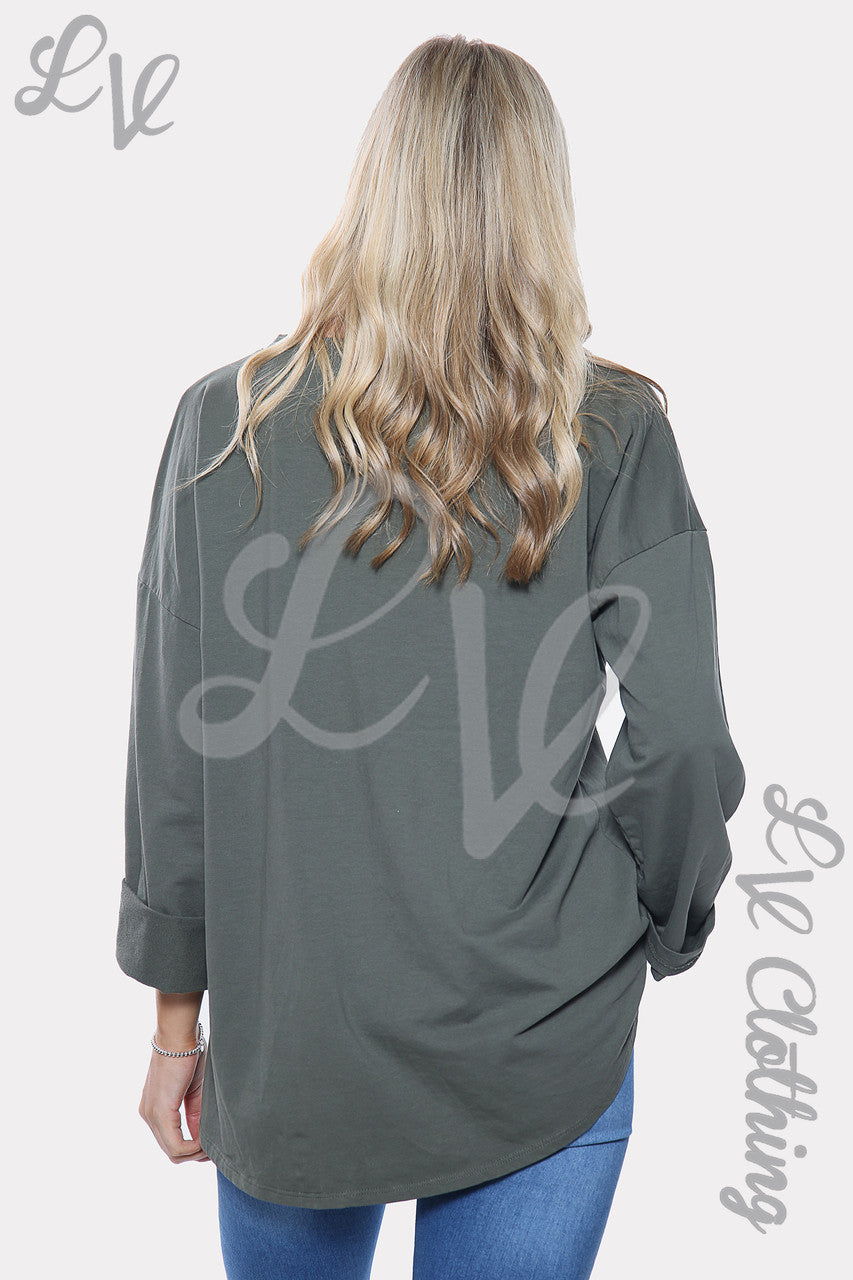 Dames Zilveren Pailletten Sterren Print Sweatshirt Top Kaki Stukprijs €11.99