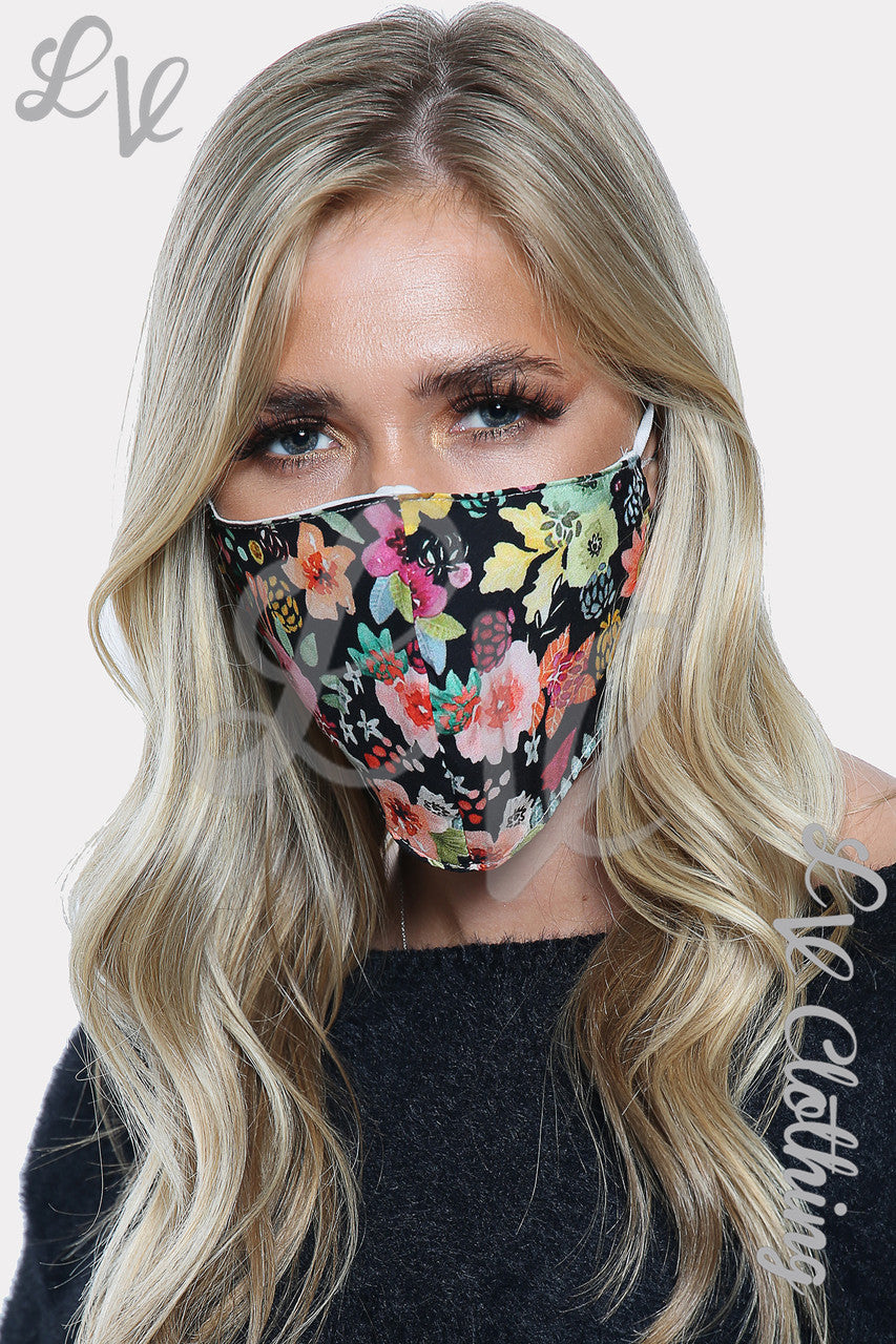 Dames gezichtsmasker met heldere bloemenprint, zwart - Stukprijs € 2,99
