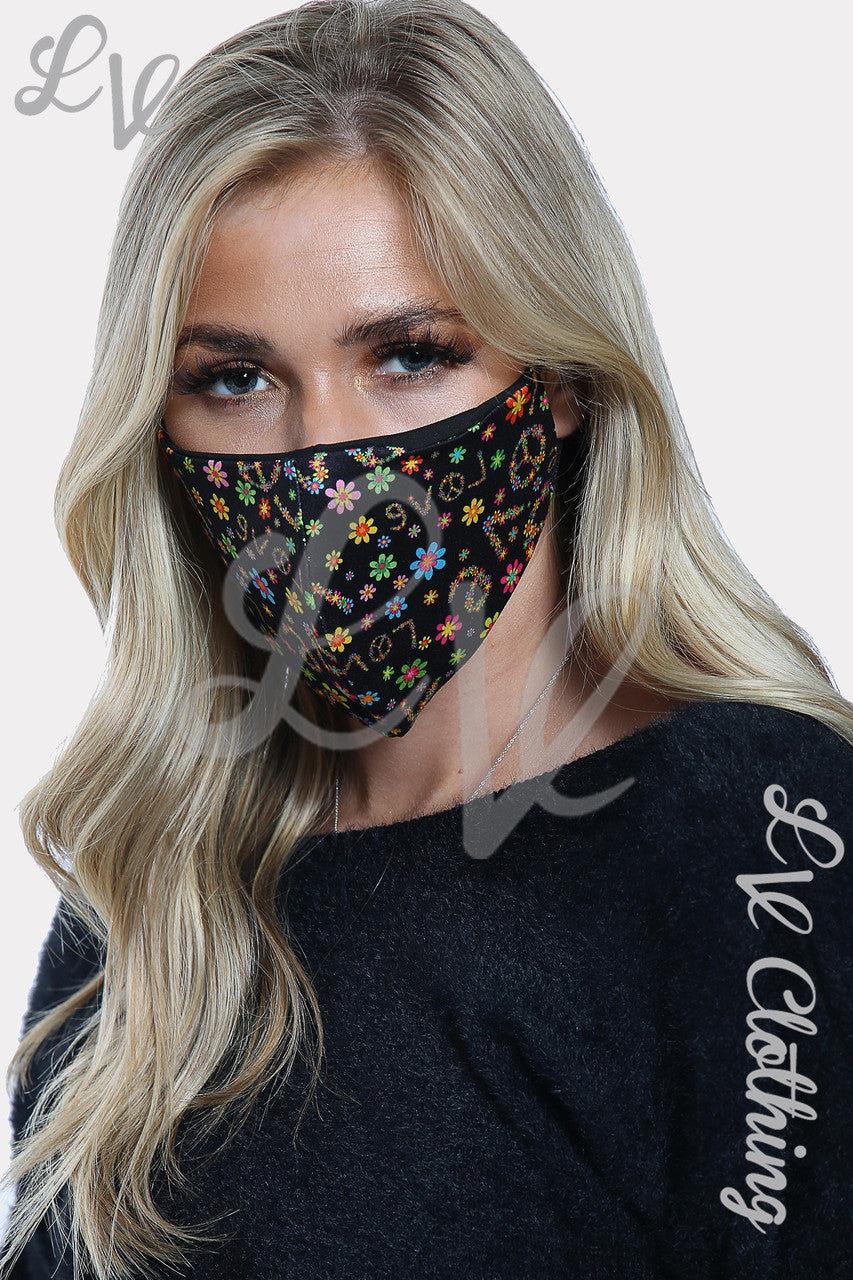 Dames bloemenprint gezichtsmasker 'Love' zwart - per stuk € 2,99