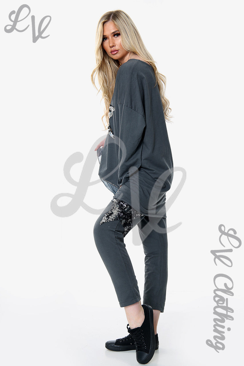 Dames Pailletten Ster 2-delige Co-ord Set Houtskool Stukprijs £18.99
