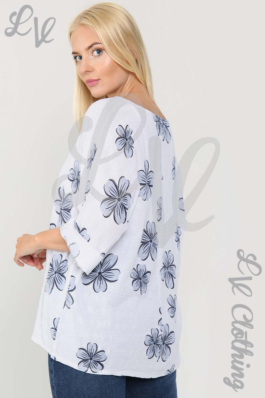 Ladies Daisy Flower Print Top White - Unit Price £9.99