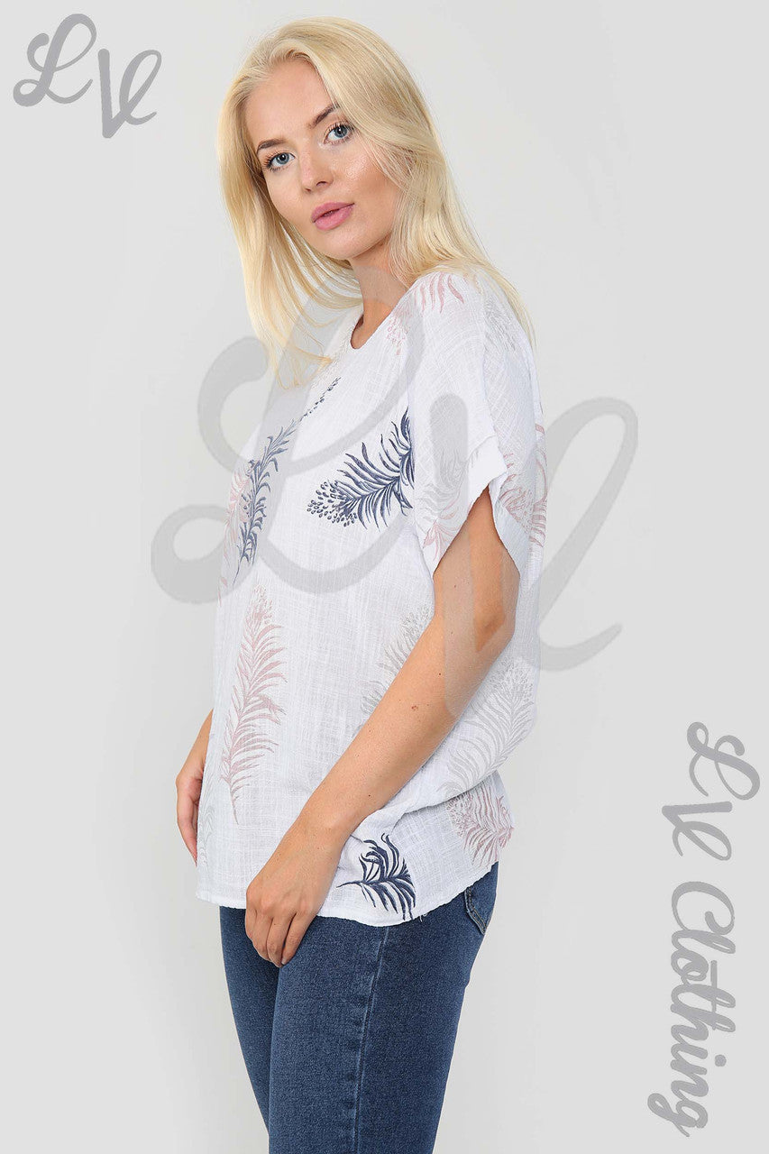 Ladies Feather Print Print Top White - Unit Price £9.99