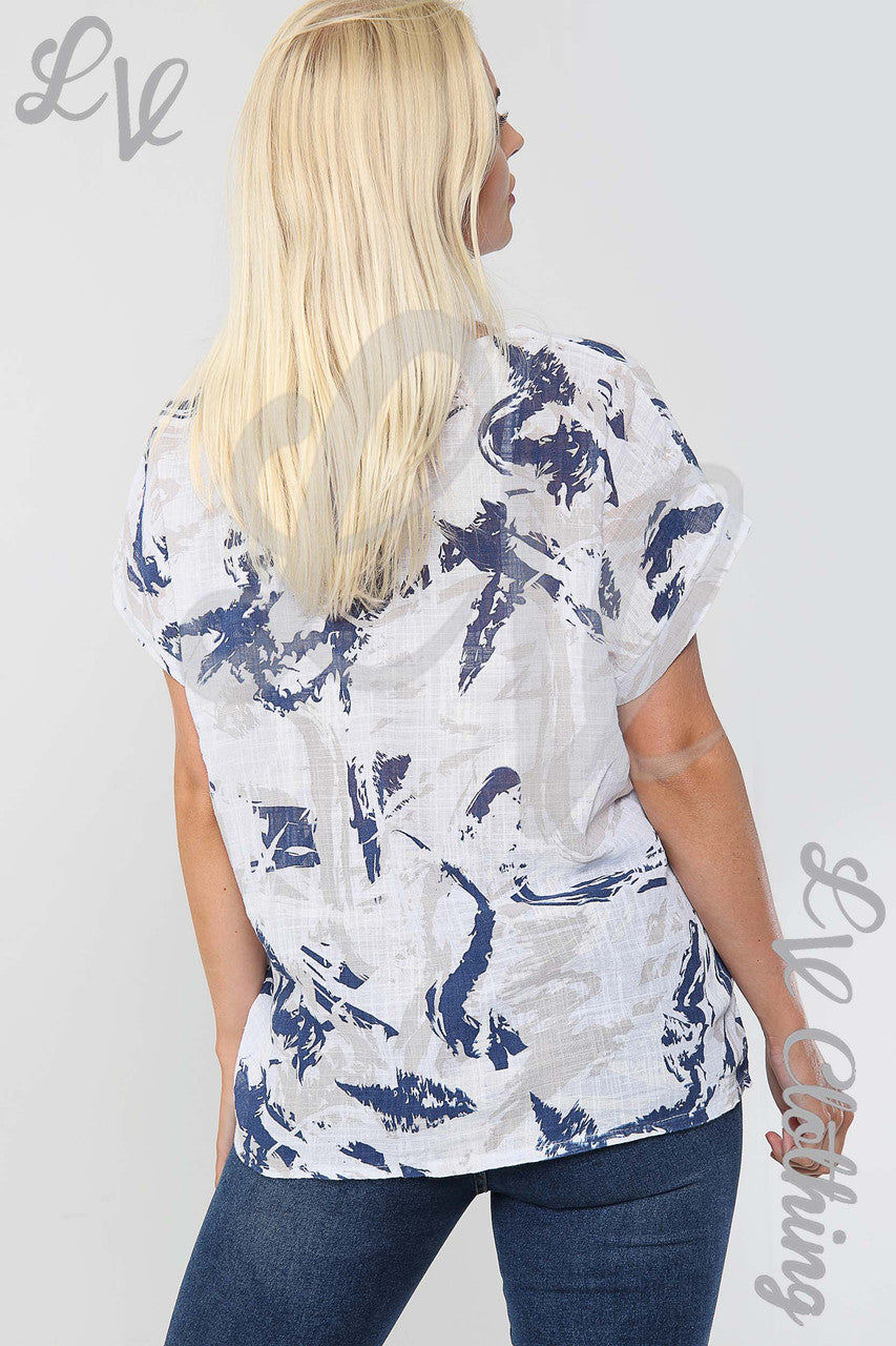 Ladies Abstract Paint Splash Print Top White - Unit Price £9.99