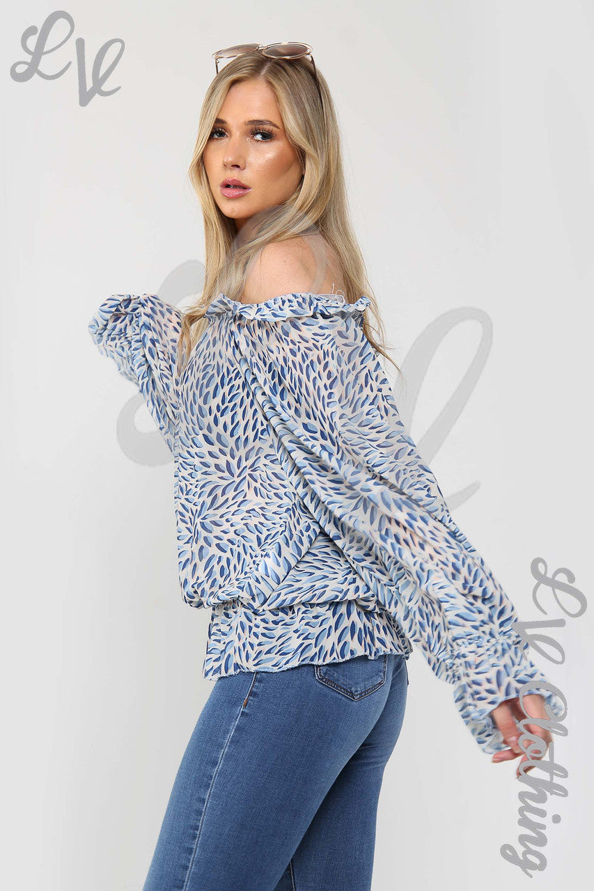 Ladies Printed Frill Hem & Sleeve Blouse Denim - Unit Price £14.99