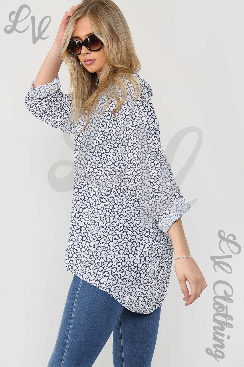 Ladies Giraffe Print Grandad Style Blouse Shirt White - Unit Price £12.99