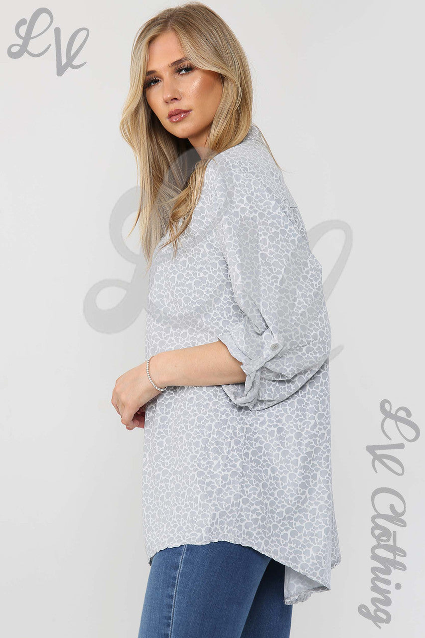 Ladies Giraffe Print Grandad Style Blouse Shirt Silver - Unit Price £12.99
