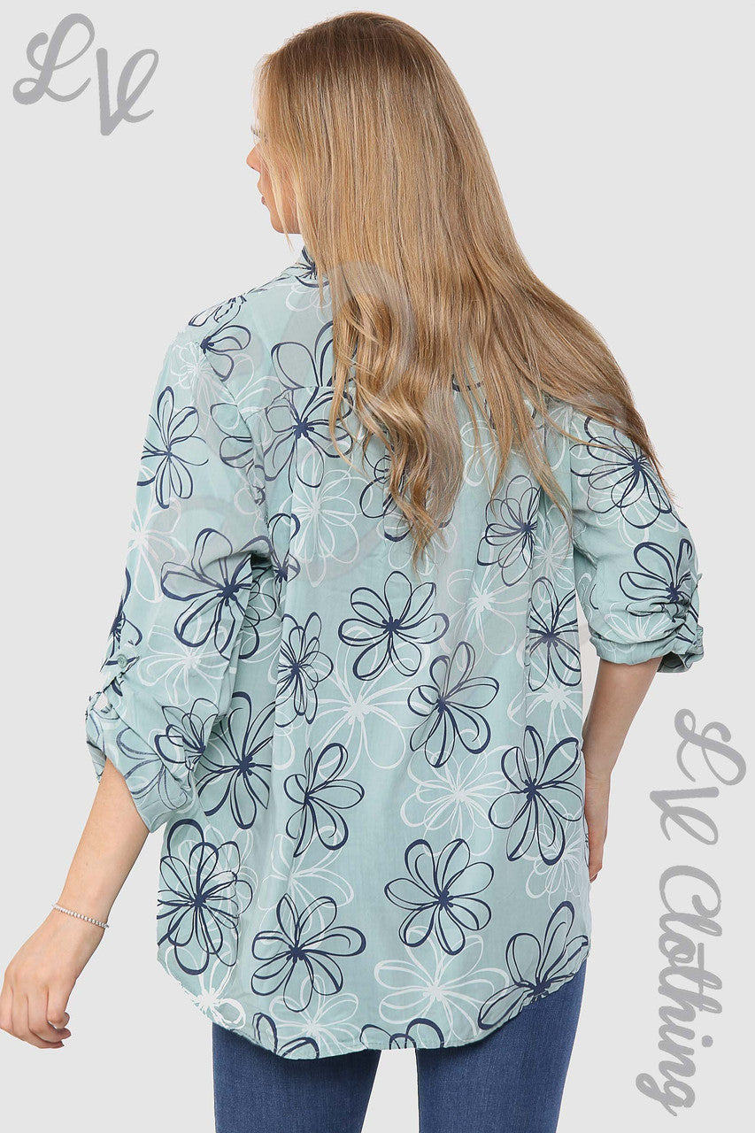 Ladies Floral Outline Print Grandad Style Blouse Shirt Tiffany - Unit Price £12.99