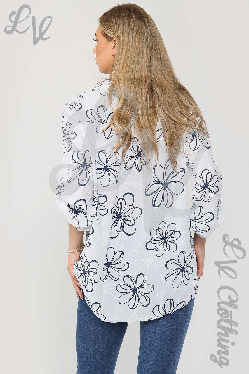 Ladies Floral Outline Print Grandad Style Blouse Shirt White - Unit Price £12.99