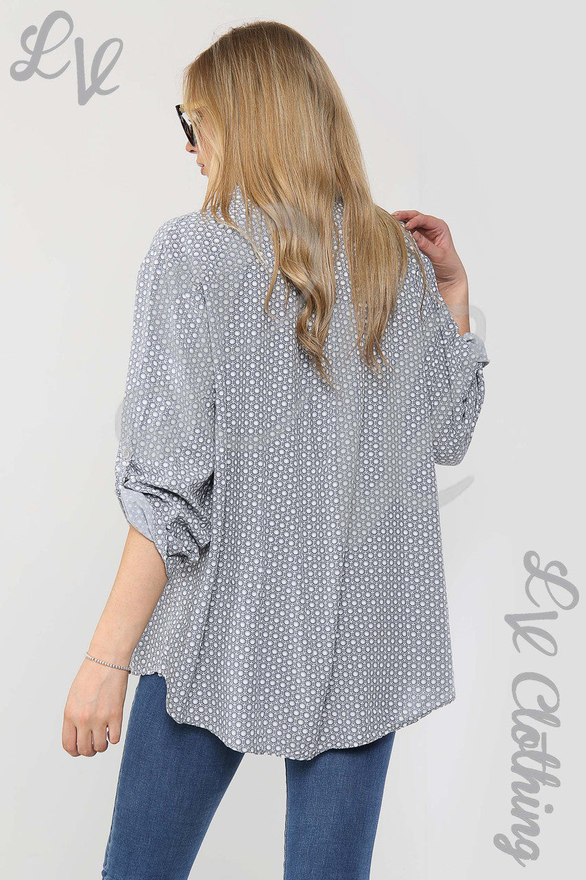 Ladies Small Hexagon Print Grandad Style Blouse Shirt Silver- Unit Price £12.99