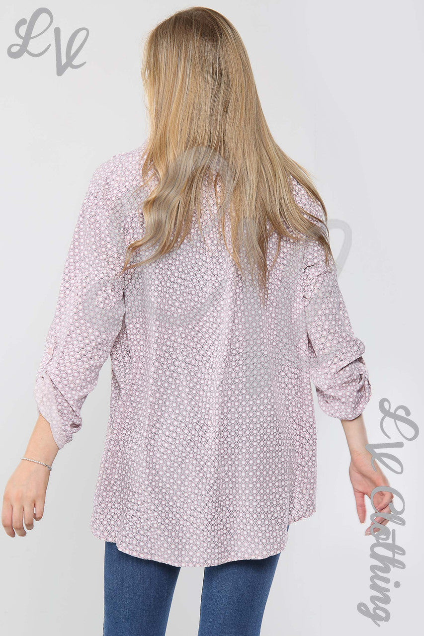 Ladies Small Hexagon Print Grandad Style Blouse Shirt Dusty Pink - Unit Price £12.99