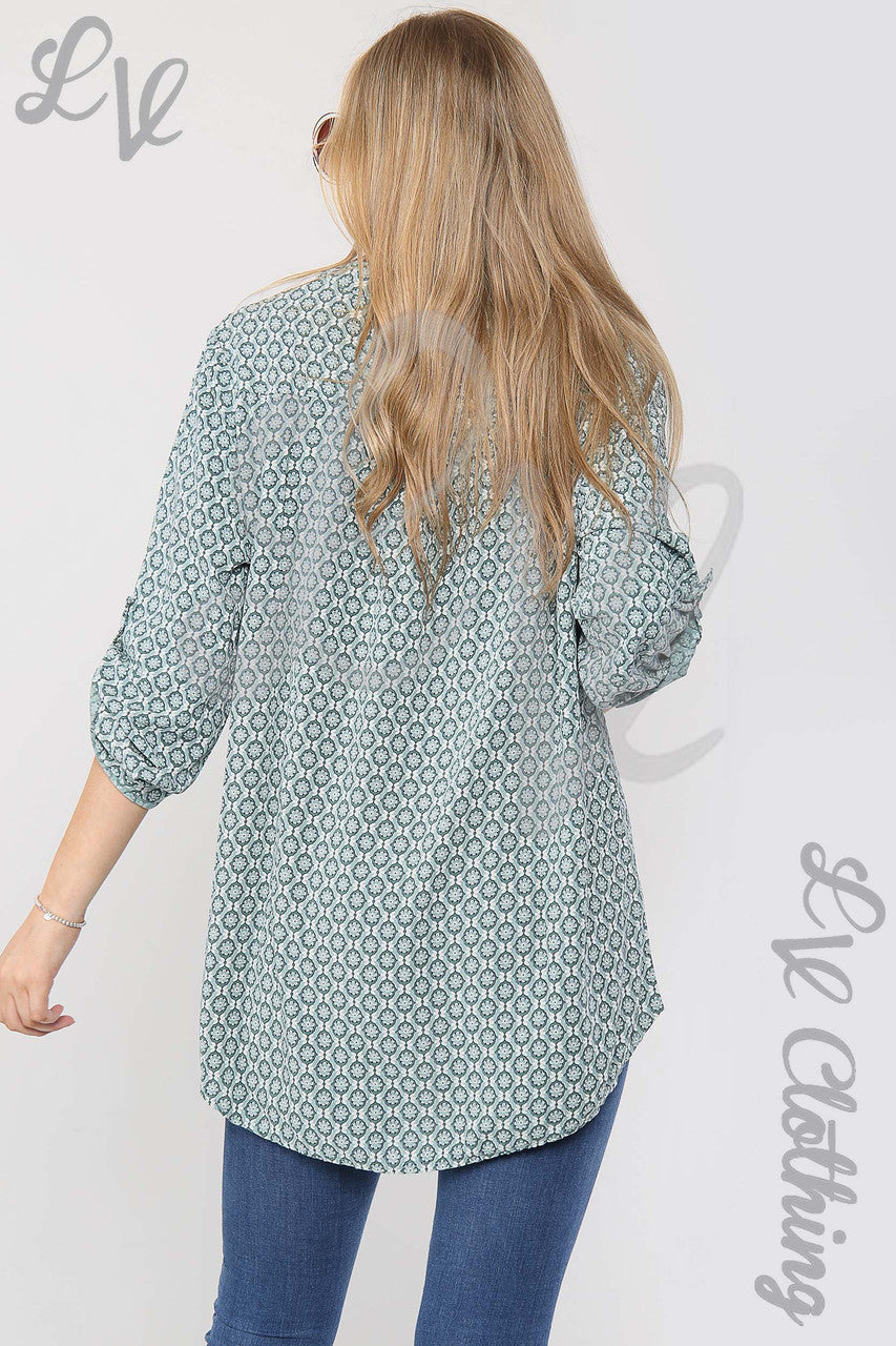 Ladies Floral Geometric Print Grandad Style Blouse Shirt Tiffany - Unit Price £12.99