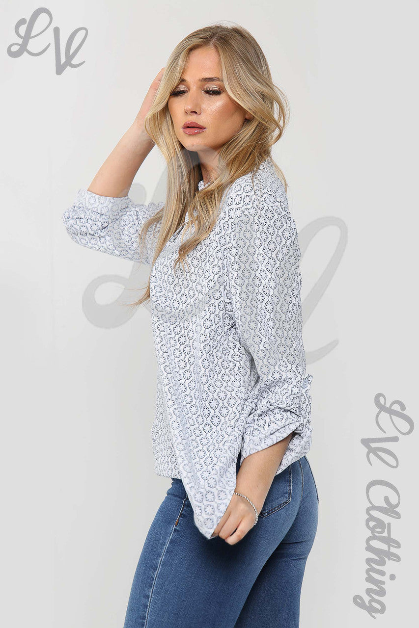 Ladies Floral Geometric Print Grandad Style Blouse Shirt White - Unit Price £12.99