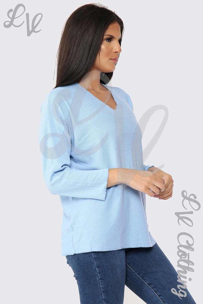Ladies V-Neck Fine Knit Top Light Blue - Unit Price £12.99