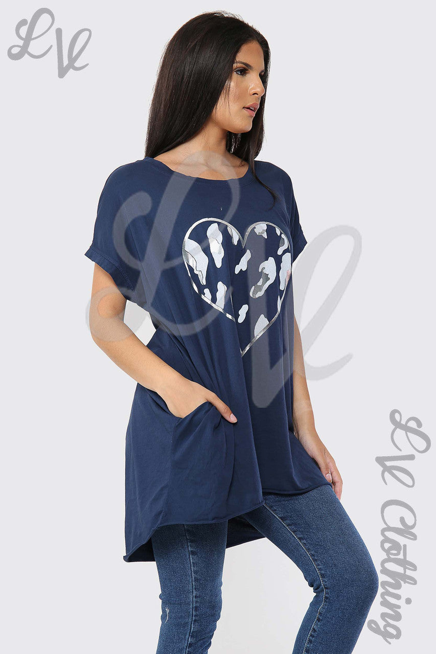 Ladies Foil Heart Graphic Tunic Top Navy - Unit Price £10.99