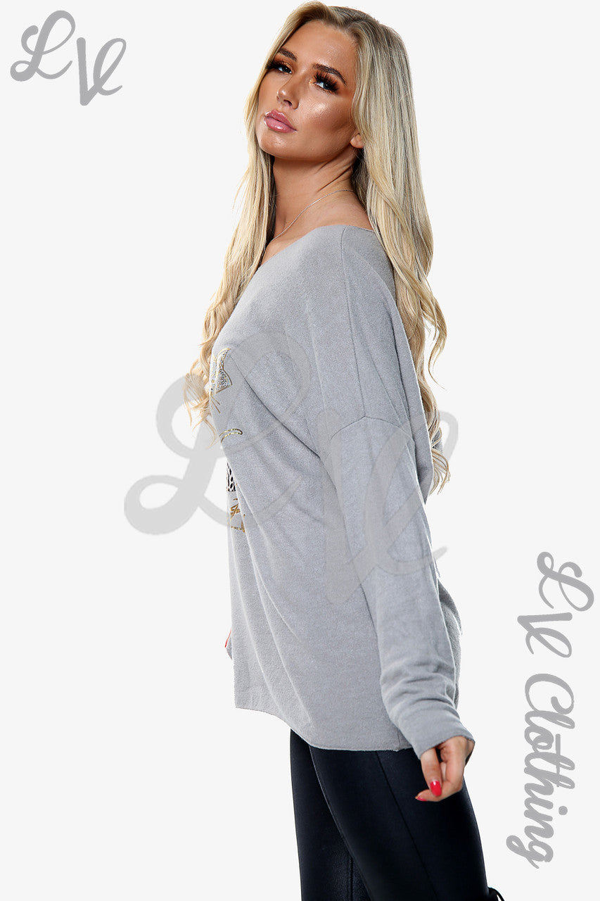 Dames Gebreide Trui Kattenprint Grijs Prijs per stuk € 13,99
