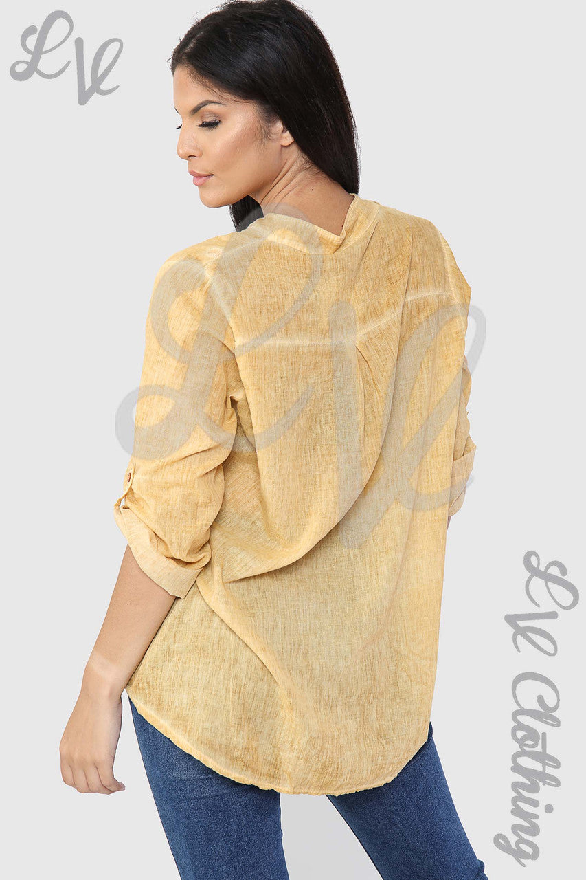 Ladies Circle Embroidery Grandad Style Blouse Shirt Mustard - Unit Price £12.99